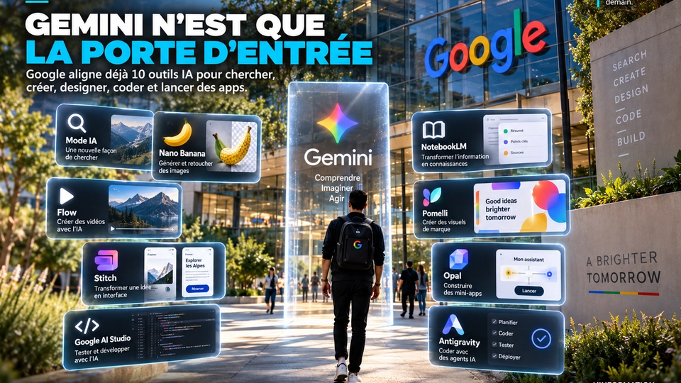Illustration STORIMITIK de l’écosystème d’outils d’intelligence artificielle de Google autour de Gemini.