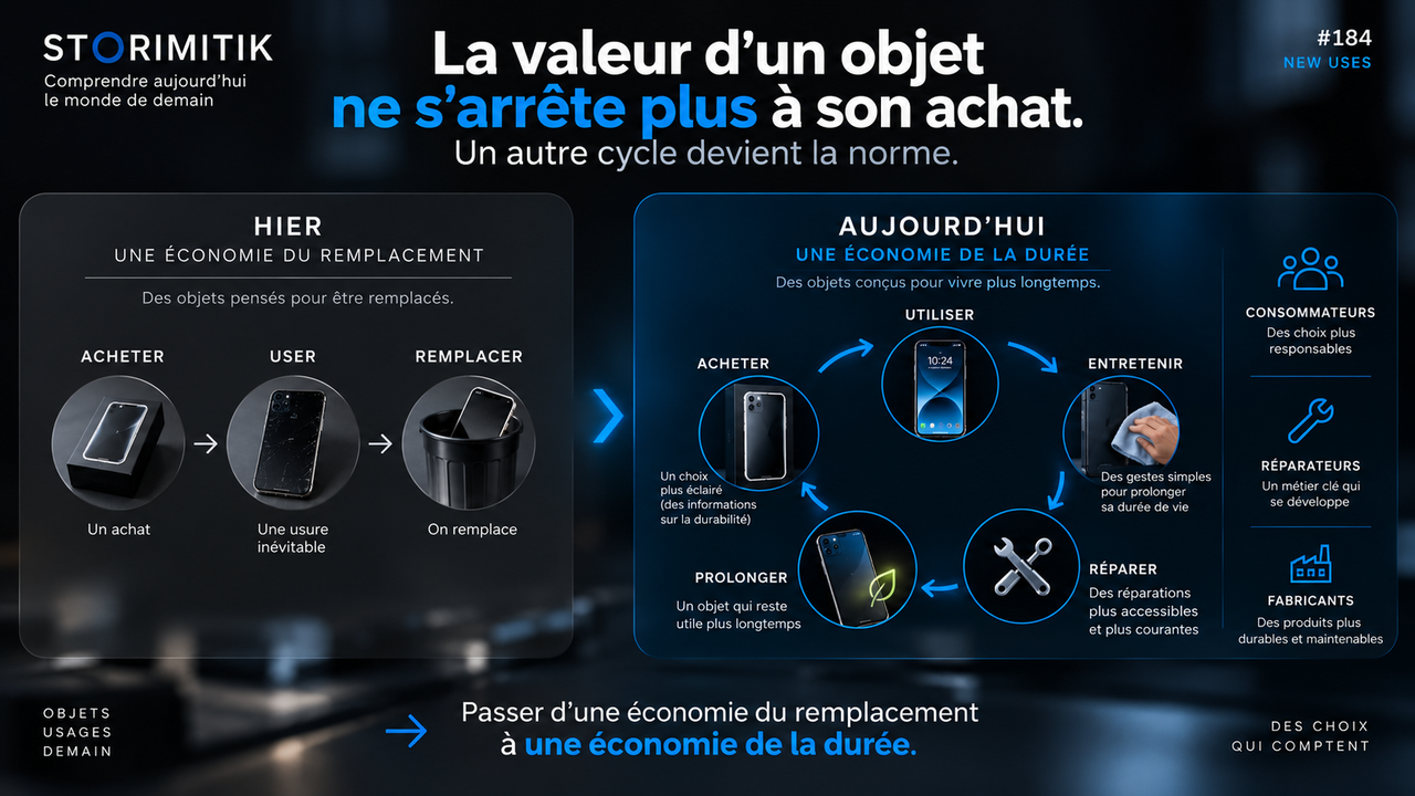 Infographie STORIMITIK opposant une économie du remplacement à une économie de la durée.