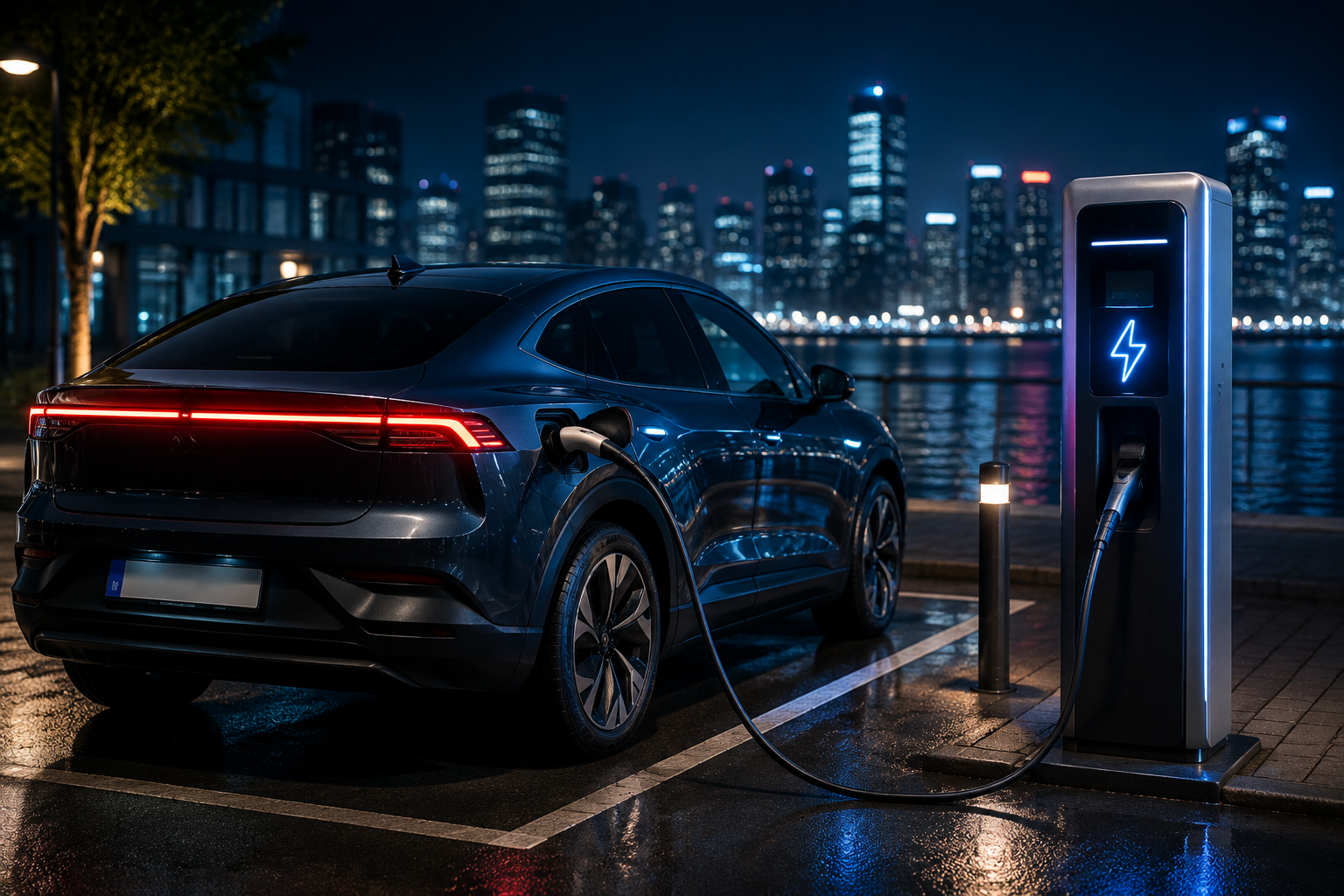 Voiture électrique reliée à une borne de recharge de nuit