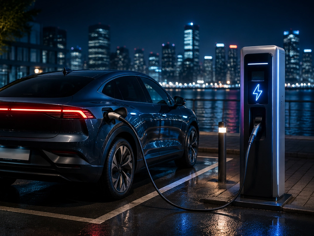 Voiture électrique reliée à une borne de recharge de nuit