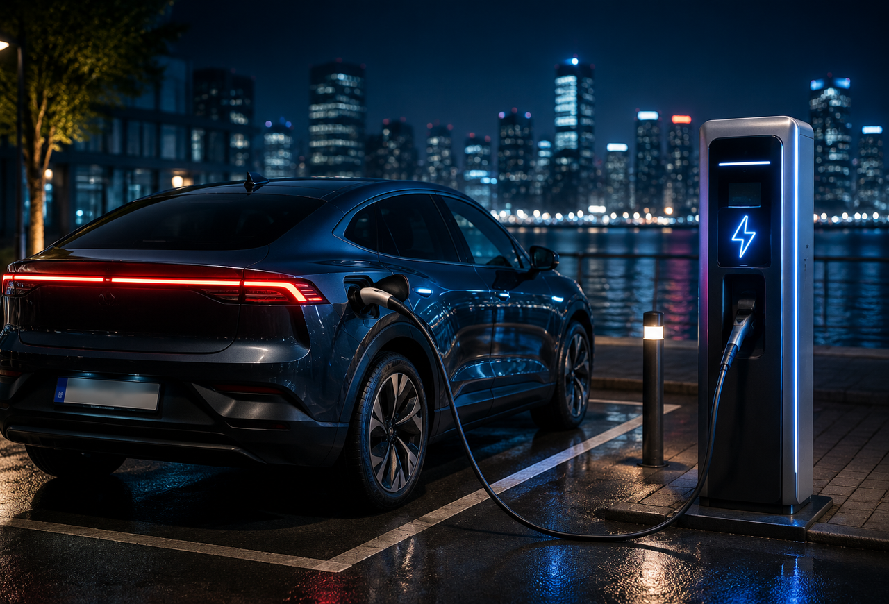 Voiture électrique reliée à une borne de recharge de nuit
