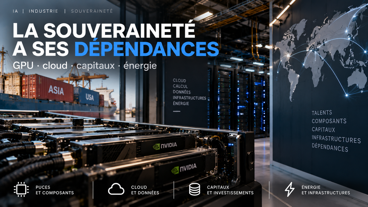 Illustration STORIMITIK montrant les dépendances d’une infrastructure d’intelligence artificielle : GPU, cloud, capitaux, énergie et chaînes d’approvisionnement.