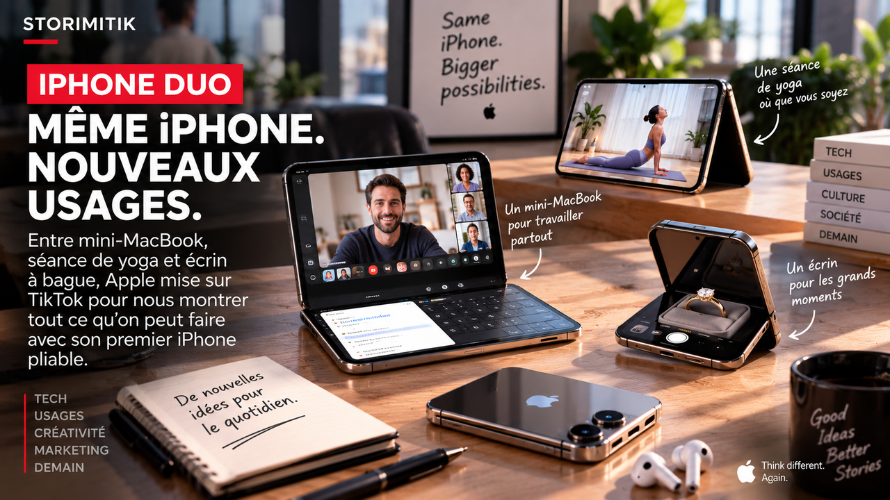 Visuel STORIMITIK réunissant plusieurs mises en scène de l’iPhone Duo : mini-ordinateur, écran de yoga et objet posé en chevalet.