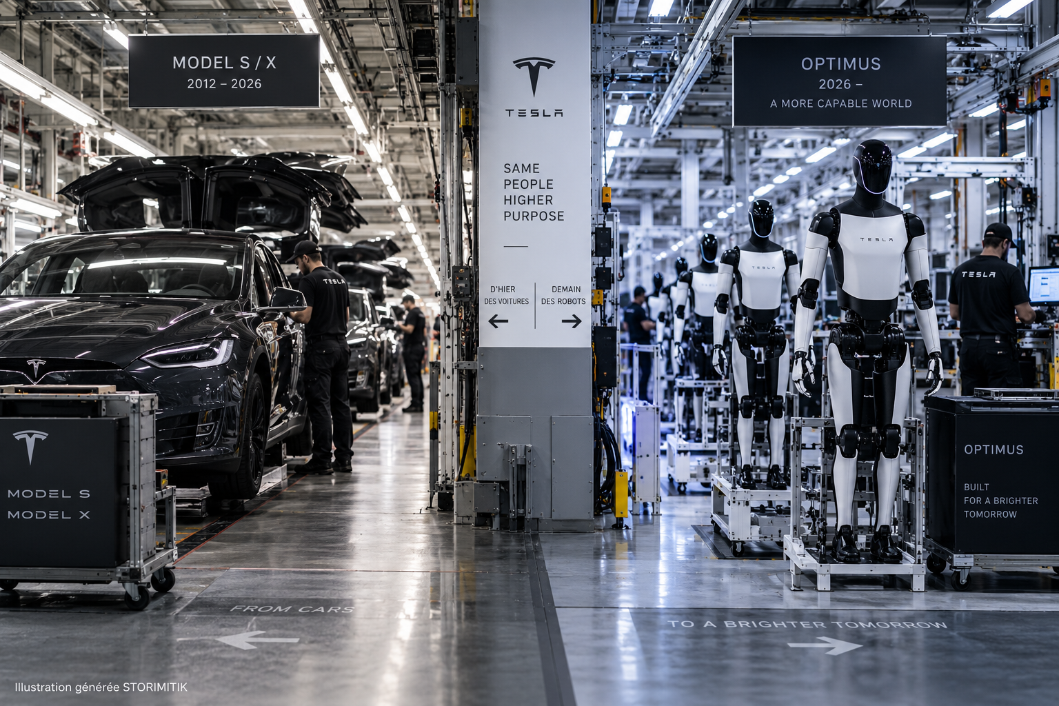 Illustration STORIMITIK montrant la transition d’une ligne Tesla de Model S et Model X vers une ligne de robots humanoïdes Optimus.