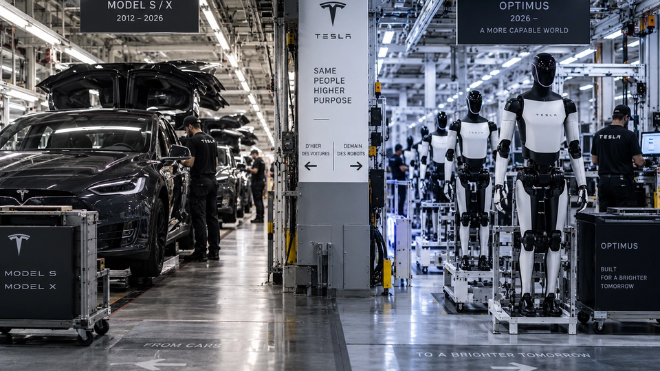 Illustration STORIMITIK montrant la transition d’une ligne Tesla de Model S et Model X vers une ligne de robots humanoïdes Optimus.