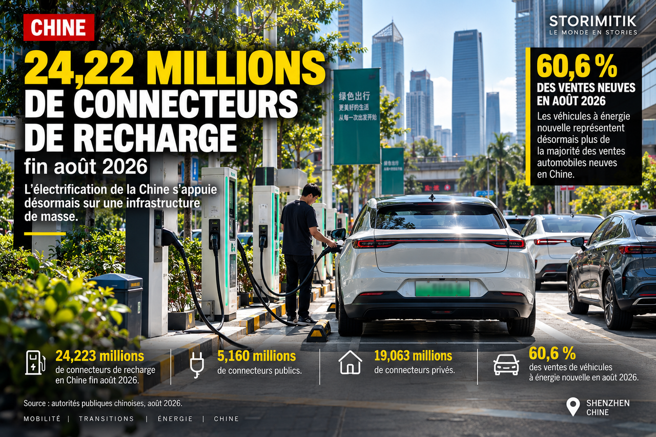 Illustration STORIMITIK d’un grand espace de recharge en Chine avec les chiffres d’août 2026.