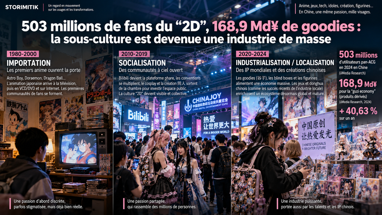 Frise éditoriale montrant l’évolution de la culture 二次元 en Chine, de l’importation japonaise à la socialisation puis à l’industrialisation locale.