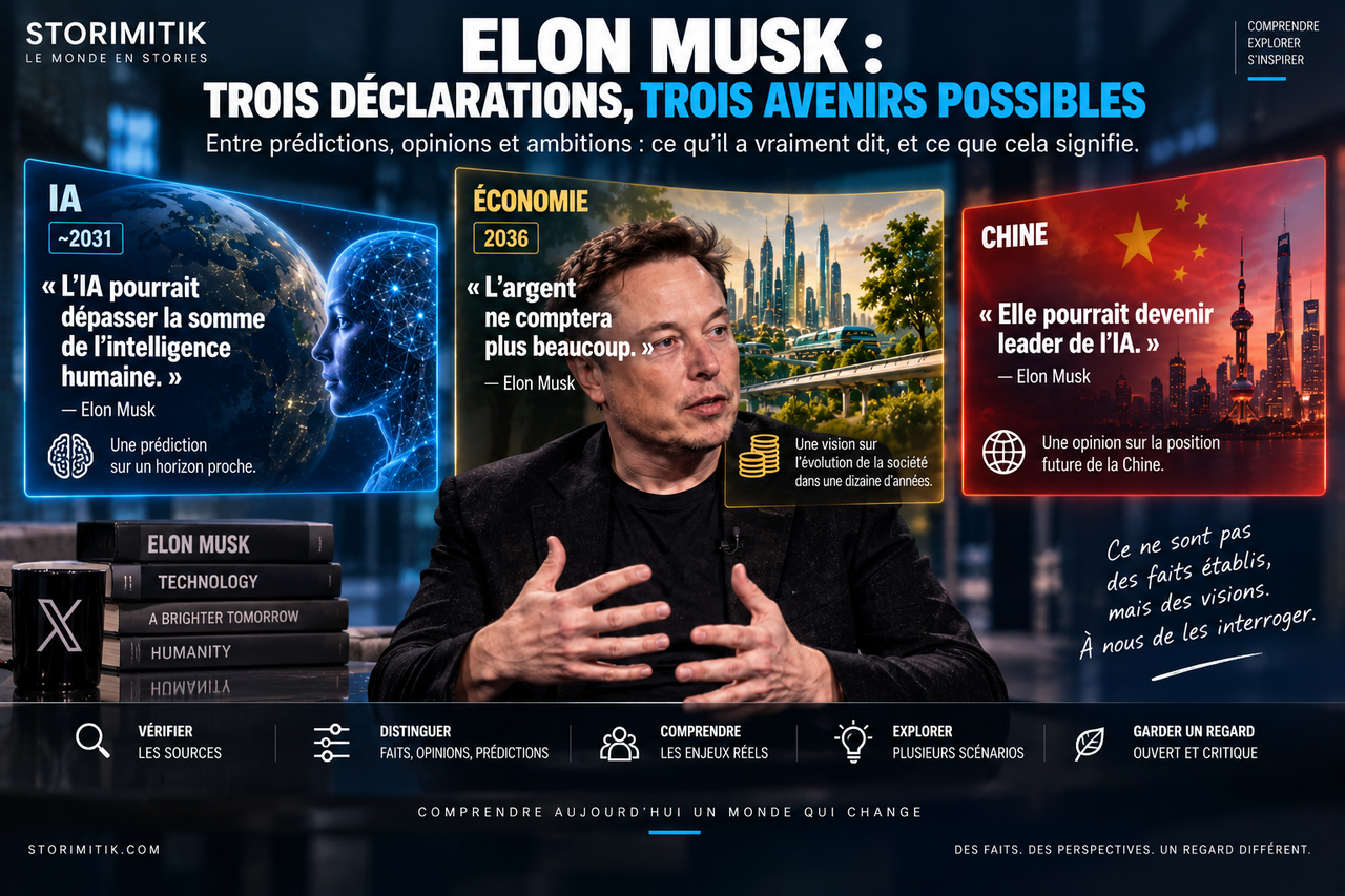 Illustration STORIMITIK présentant trois déclarations d’Elon Musk comme trois scénarios à suivre plutôt que comme des certitudes.