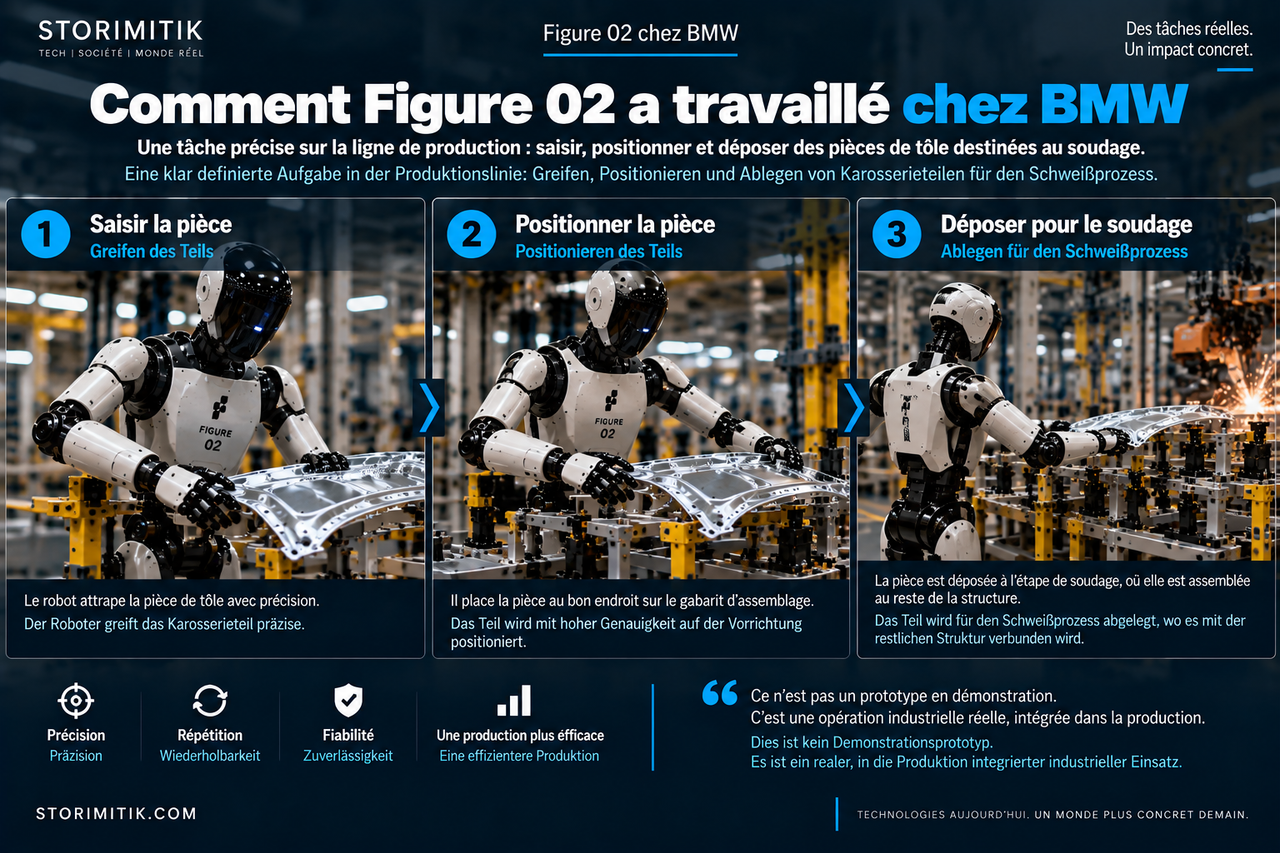 Illustration STORIMITIK du rôle précis de Figure 02 chez BMW : saisir, positionner et déposer une pièce de tôle pour le soudage.