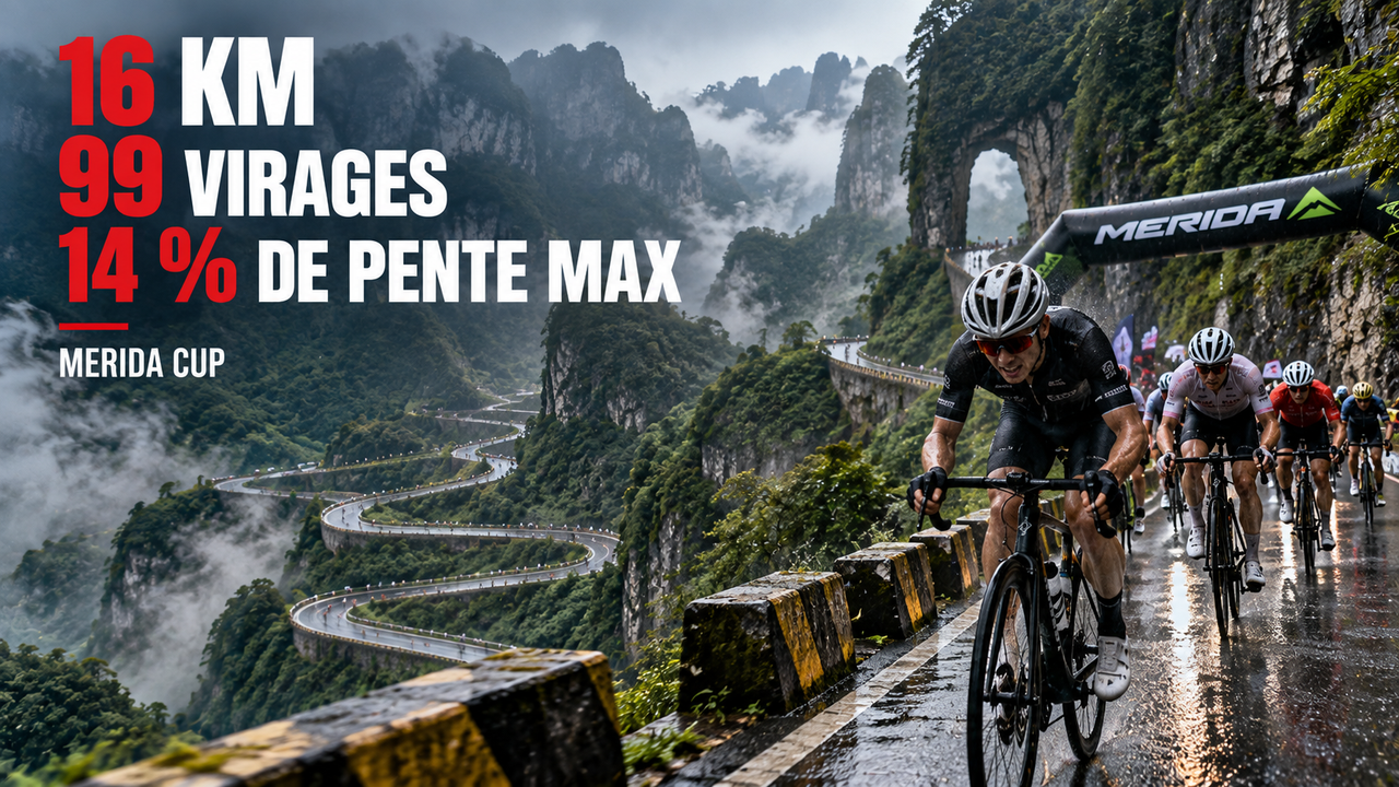 Cyclistes en montée sur la route montagneuse de Tianmen, avec les mentions 16 km, 99 virages, 14 % de pente maximale et Merida Cup.