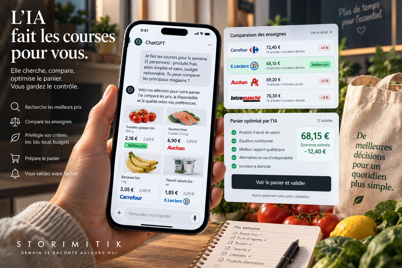 Illustration conceptuelle d’un assistant IA comparant plusieurs enseignes et optimisant un panier de courses sur smartphone.