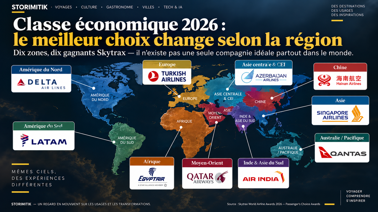 Carte STORIMITIK des compagnies gagnantes en classe économique par région aux Skytrax World Airline Awards 2026.