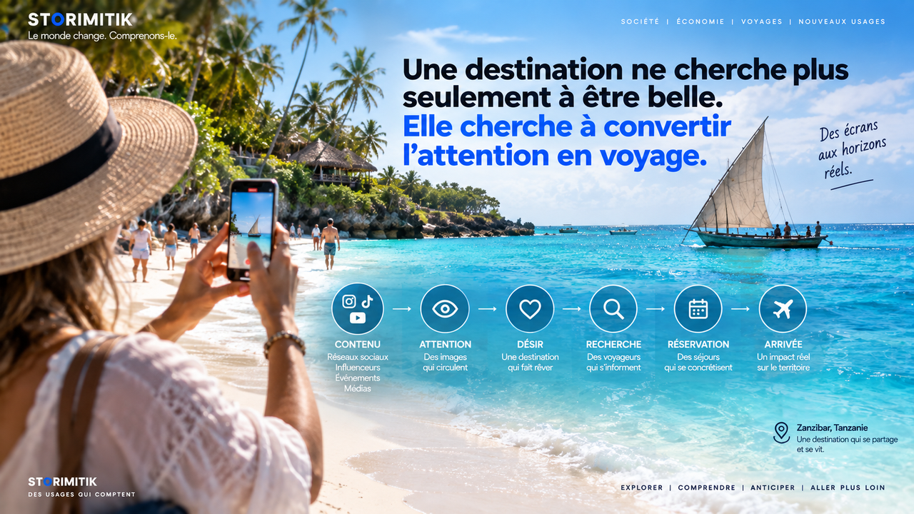 Visuel STORIMITIK montrant le parcours contenu, attention, désir, recherche, réservation et arrivée sur une plage de Zanzibar.