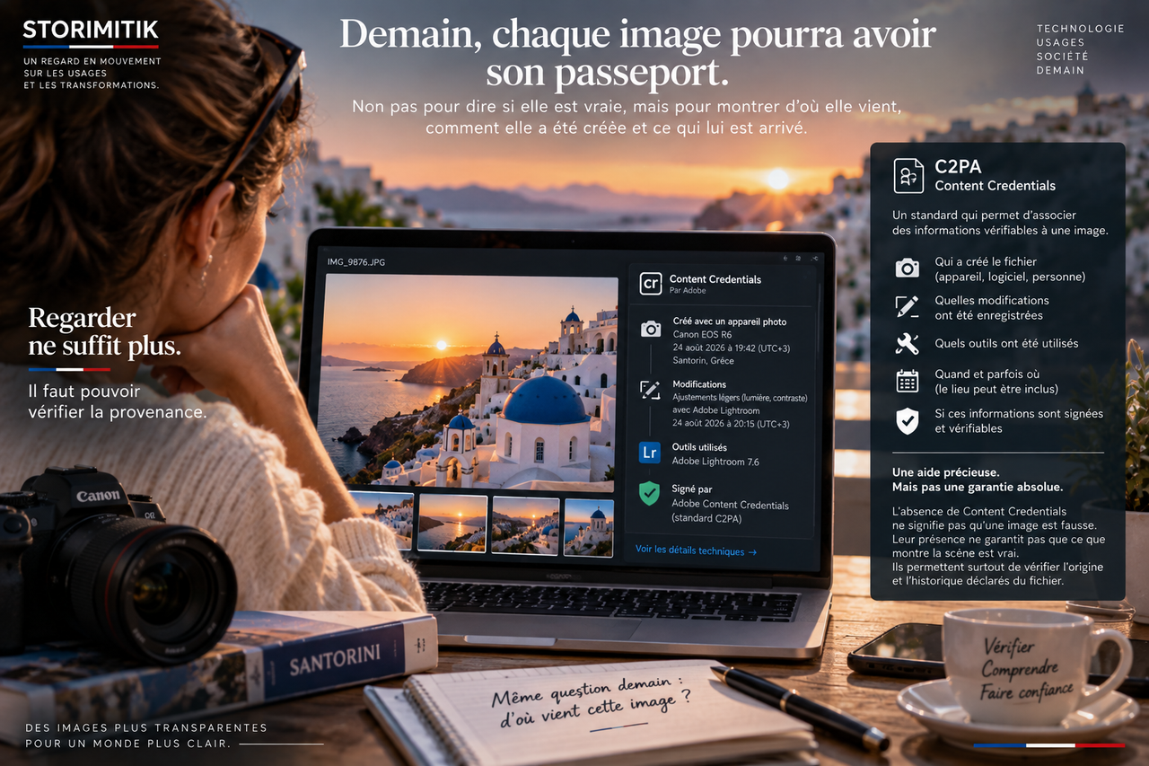 Illustration éditoriale STORIMITIK d’un passeport de provenance numérique basé sur C2PA et Content Credentials.