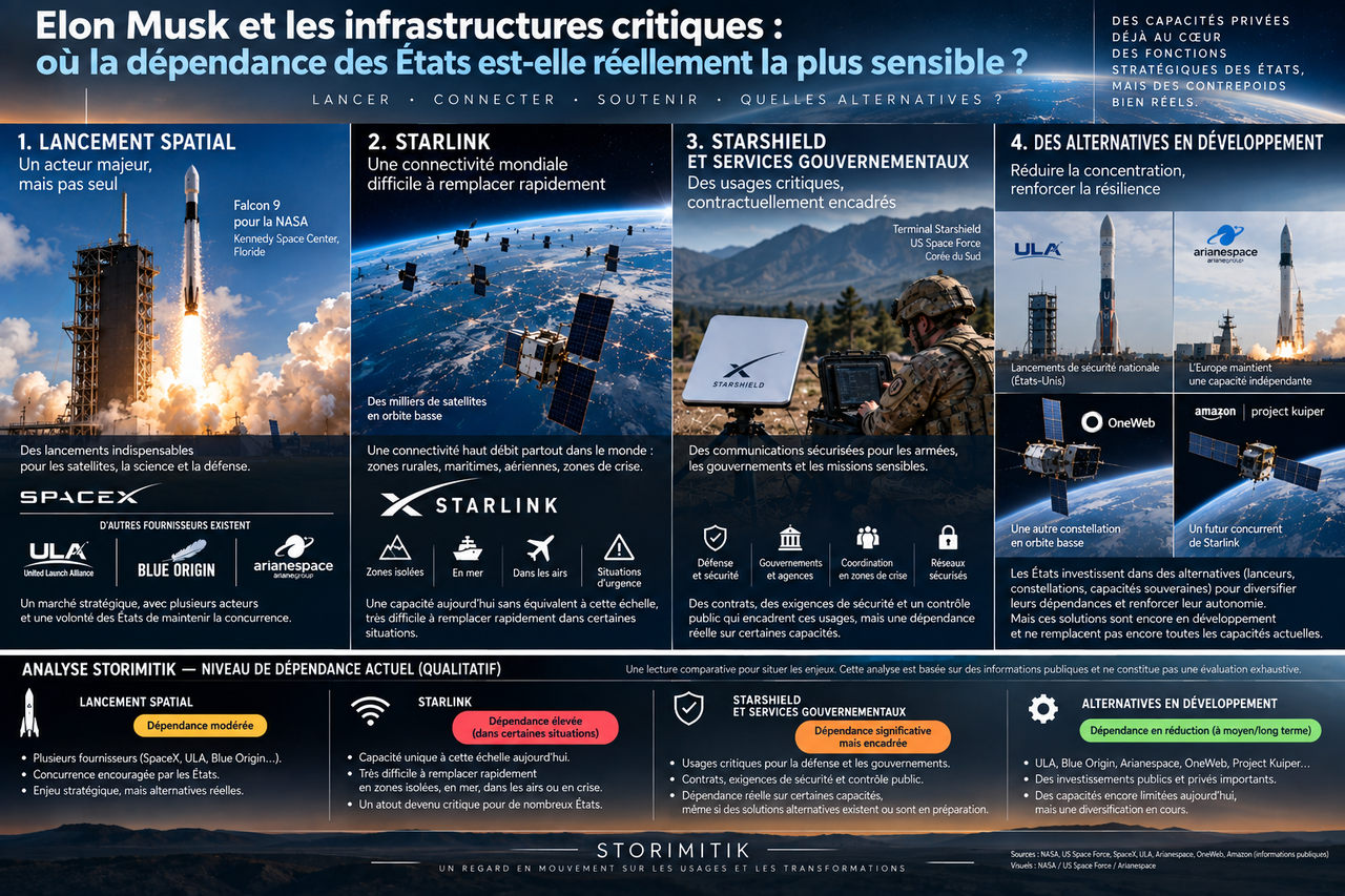 Matrice éditoriale STORIMITIK sur la dépendance aux capacités SpaceX, Starlink et Starshield et sur les alternatives en développement.