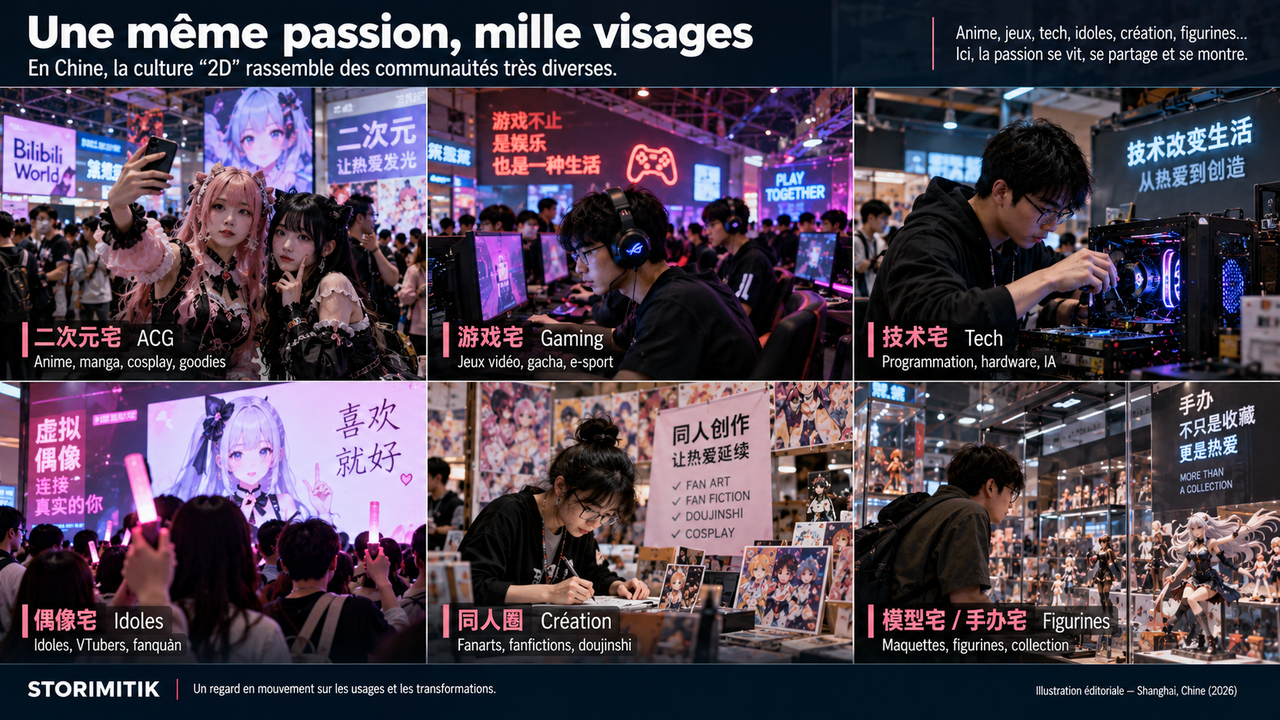 Six communautés autour de la culture 宅 et 二次元 en Chine : ACG, gaming, tech, idoles, création et figurines.