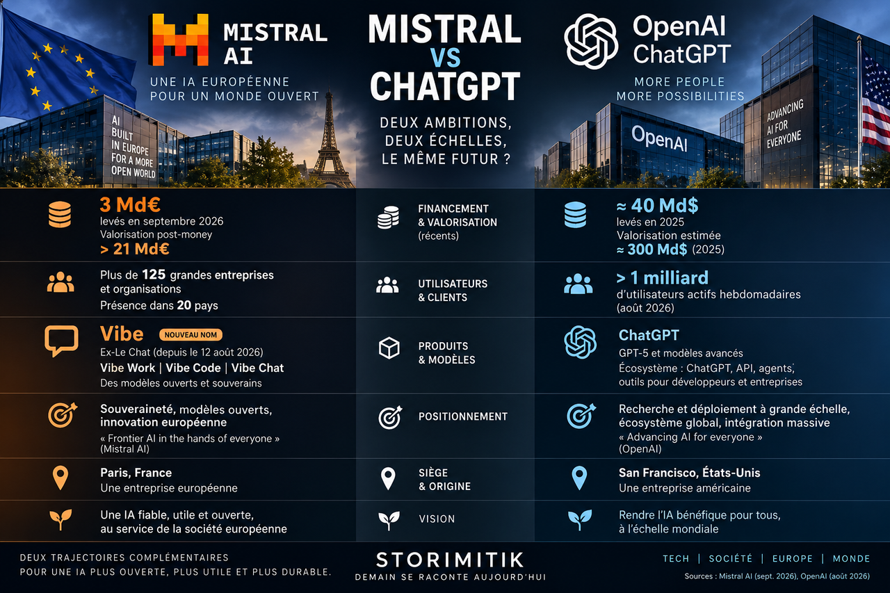 Infographie STORIMITIK comparant l’échelle, le positionnement et les produits de Mistral AI et OpenAI/ChatGPT en 2026.