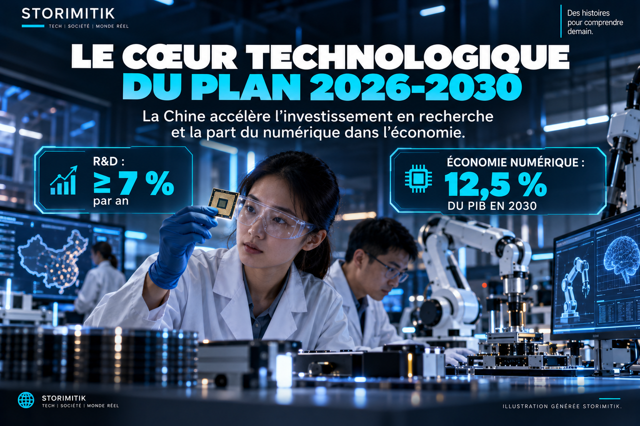 Illustration STORIMITIK d’un laboratoire chinois consacré aux semi-conducteurs, à la robotique et à l’intelligence artificielle, avec les objectifs de R&D et d’économie numérique du plan 2026-2030.