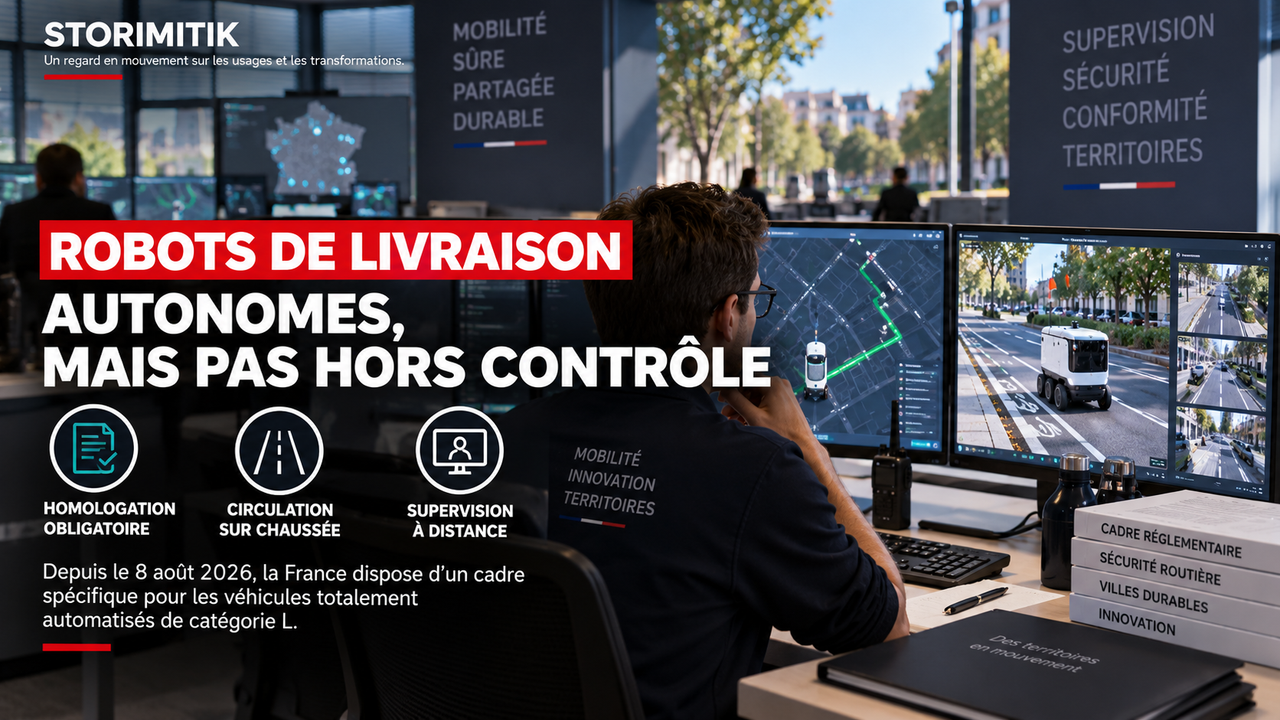 Visuel STORIMITIK montrant un centre de supervision à distance de robots de livraison autonomes.