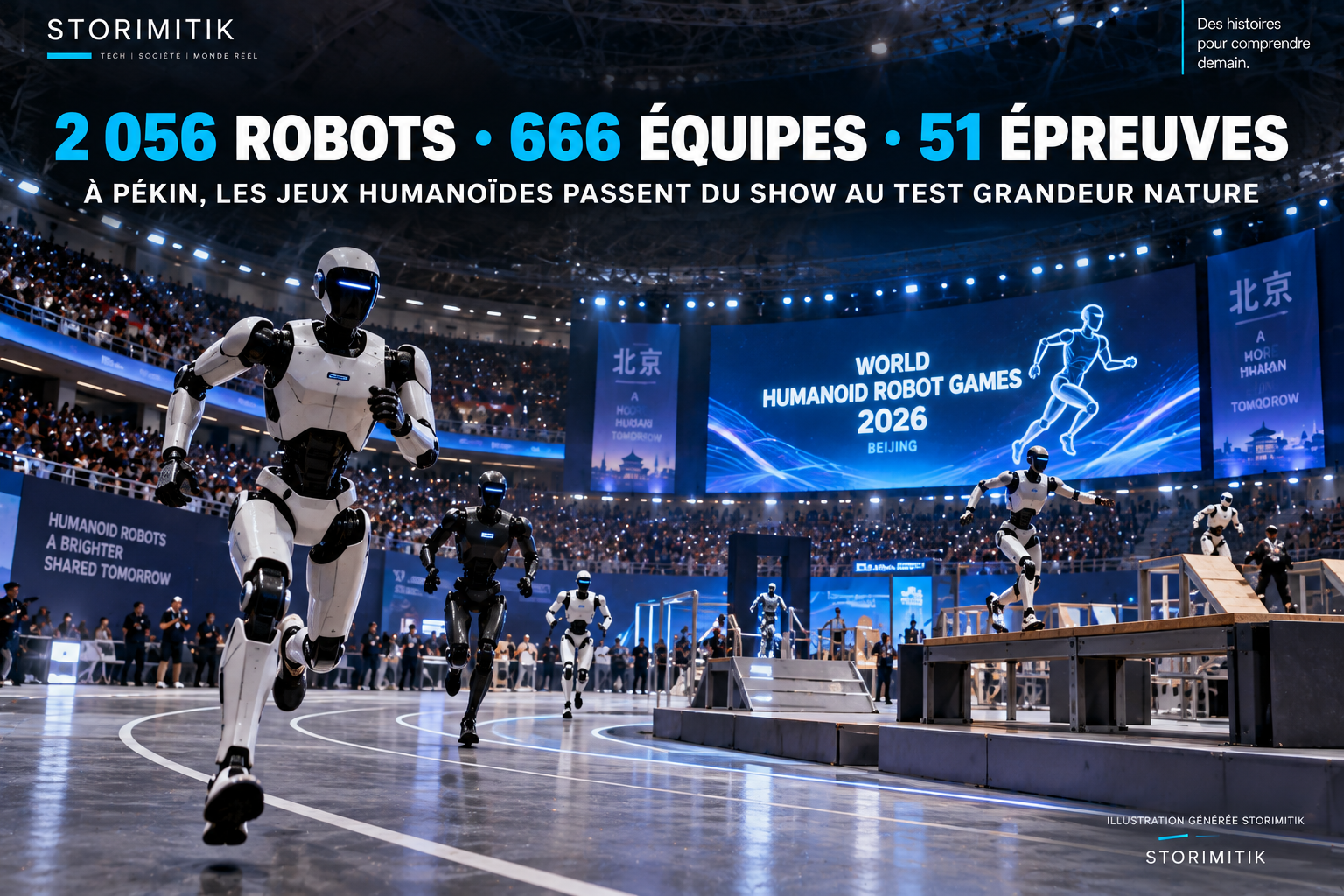 Illustration STORIMITIK des World Humanoid Robot Games 2026 à Pékin, avec des robots humanoïdes en compétition.