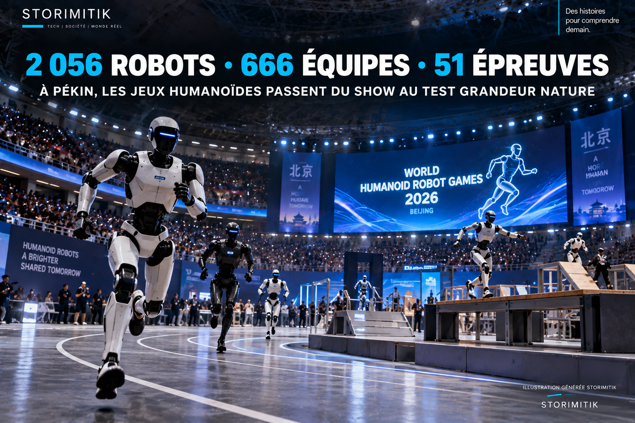 Illustration STORIMITIK des World Humanoid Robot Games 2026 à Pékin, avec des robots humanoïdes en compétition.