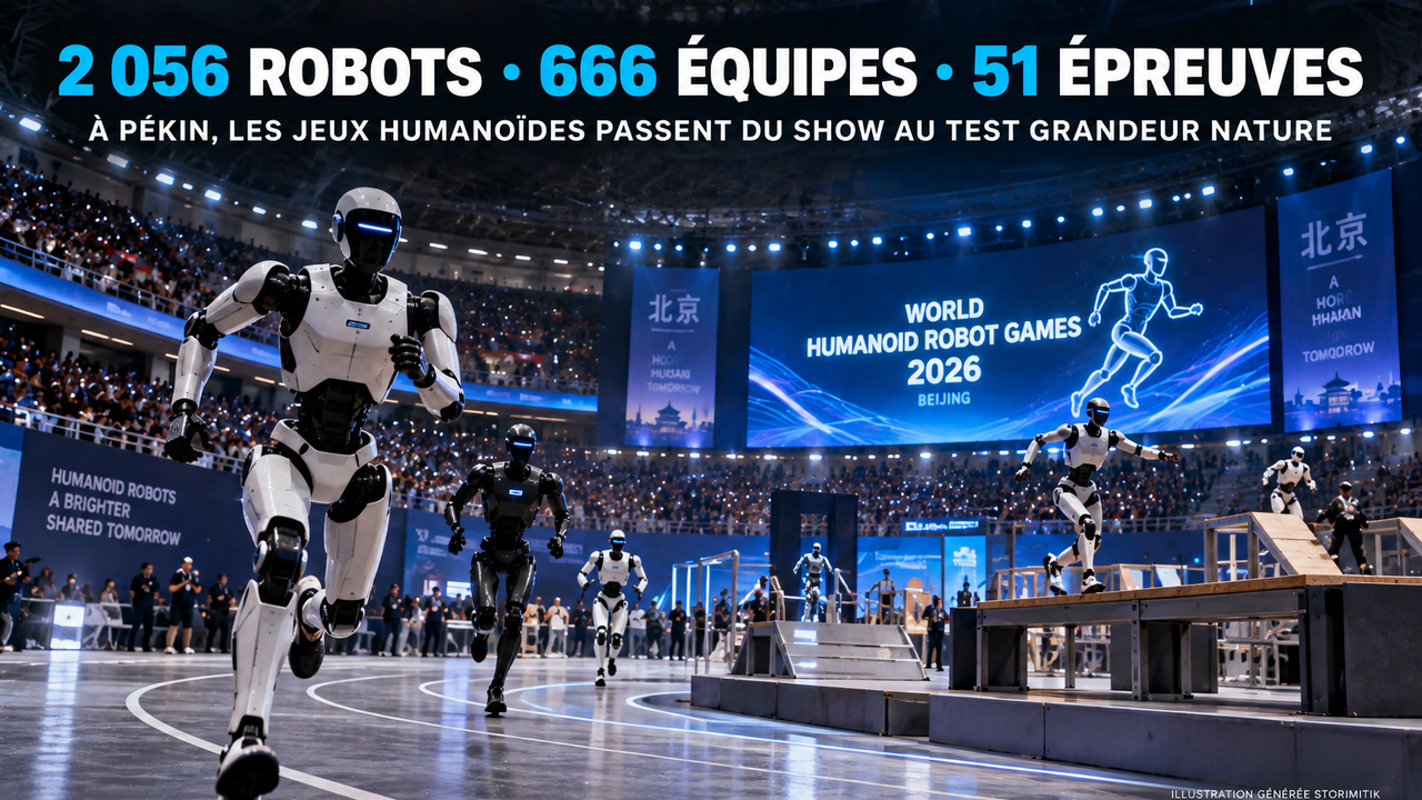 Illustration STORIMITIK des World Humanoid Robot Games 2026 à Pékin, avec des robots humanoïdes en compétition.