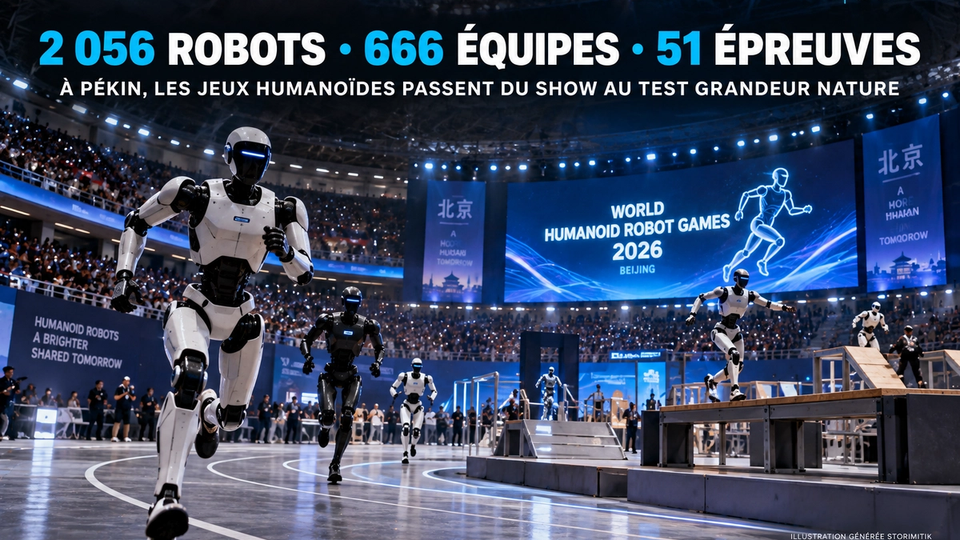 Illustration STORIMITIK des World Humanoid Robot Games 2026 à Pékin, avec des robots humanoïdes en compétition.