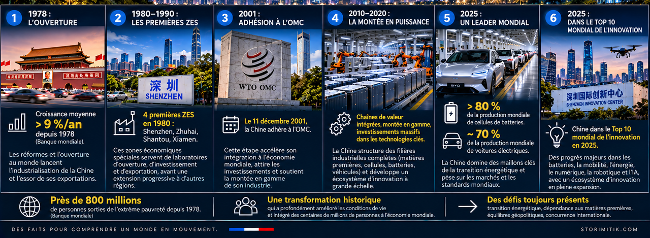 Frise STORIMITIK en six étapes montrant l’ouverture de 1978, les premières zones économiques spéciales, l’adhésion à l’OMC, la montée en gamme industrielle et les positions chinoises de 2025 dans les batteries, les véhicules électriques et l’innovation.