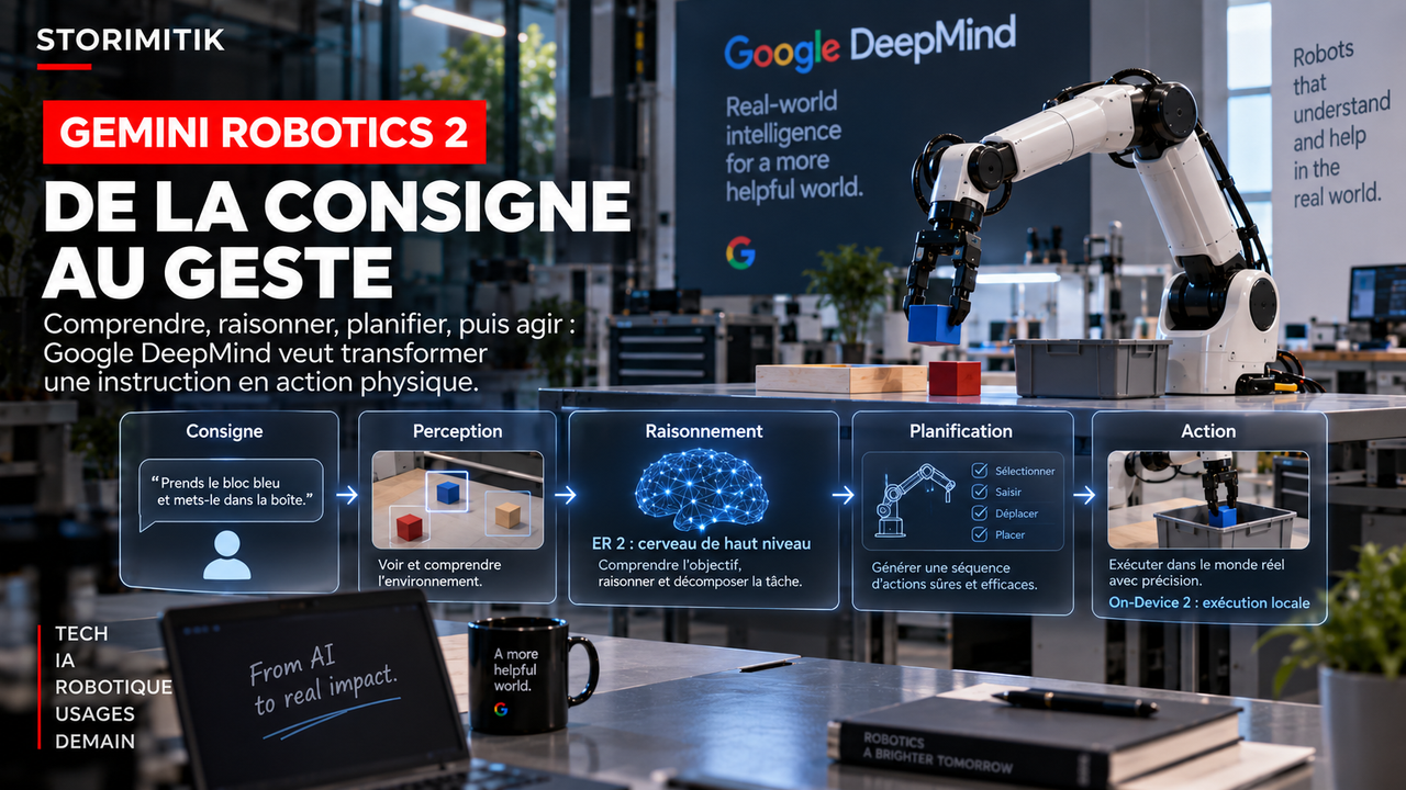 Illustration éditoriale STORIMITIK expliquant le passage d’une consigne humaine à la perception, au raisonnement, à la planification puis à l’action robotique.