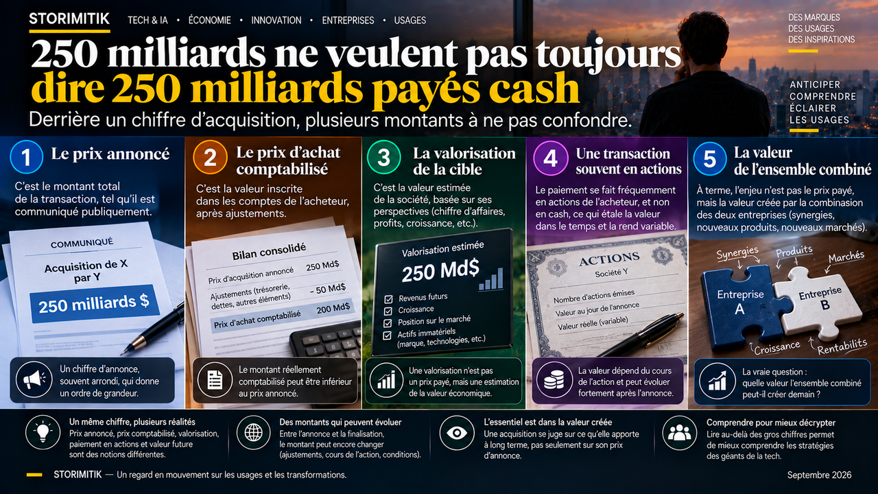 Schéma pédagogique STORIMITIK expliquant la différence entre prix annoncé, prix comptabilisé, valorisation et transaction en actions.