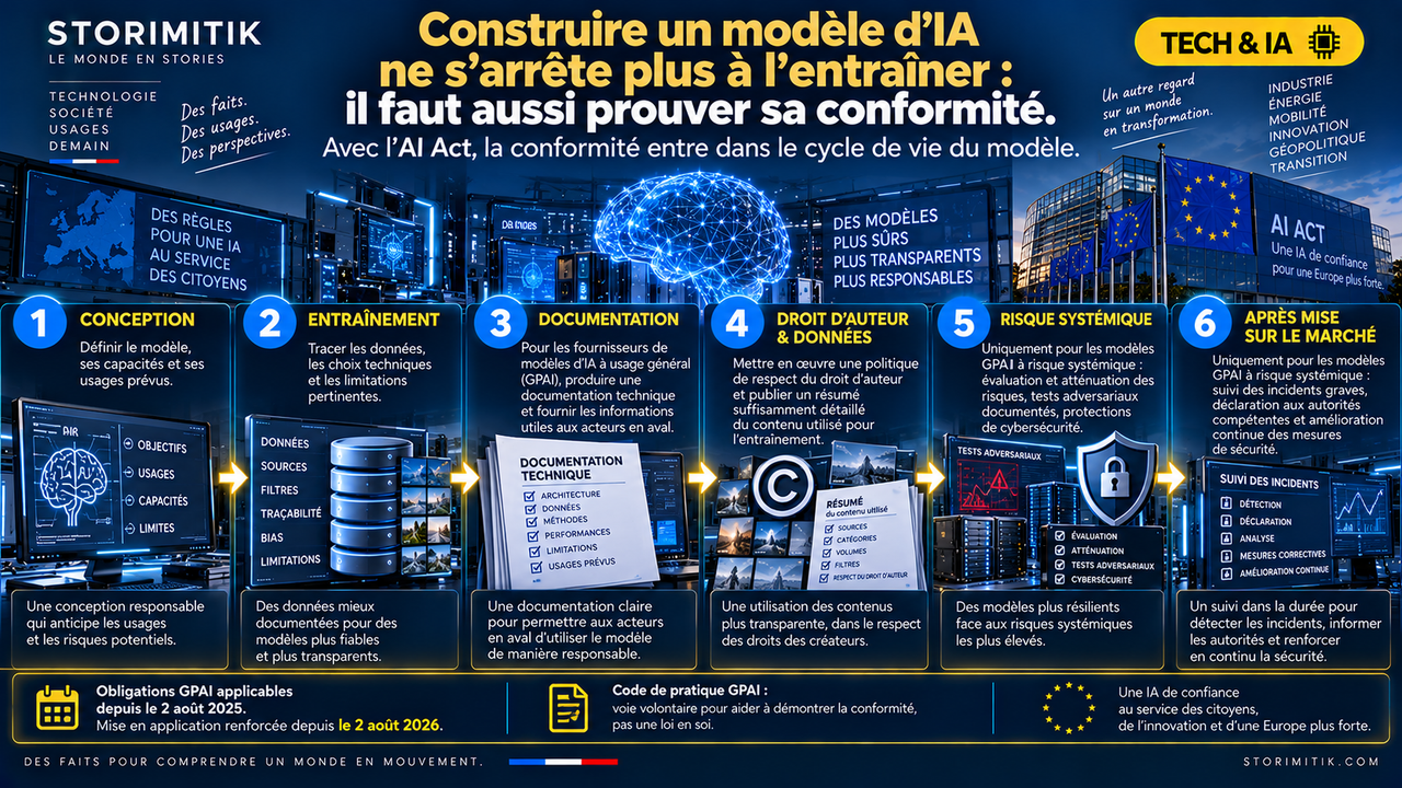Infographie STORIMITIK représentant le cycle de conformité d’un modèle d’IA : conception, entraînement, documentation, droit d’auteur et données, risque systémique puis surveillance après mise sur le marché.
