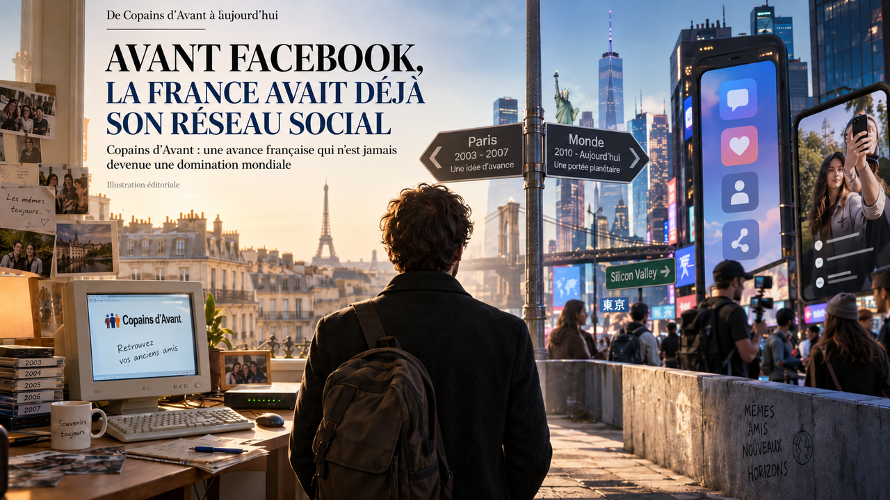 Illustration éditoriale STORIMITIK opposant l’époque de Copains d’Avant en France à l’ère des plateformes sociales mondiales.