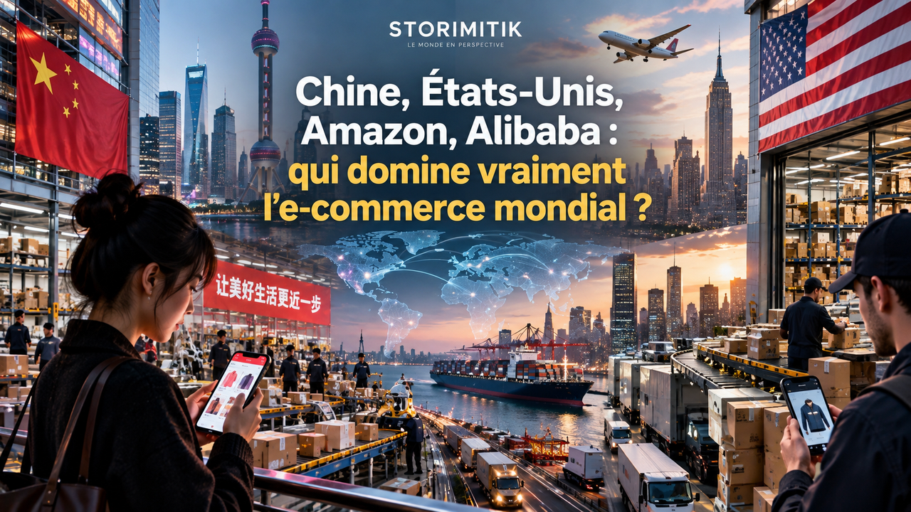 Illustration éditoriale opposant symboliquement les écosystèmes e-commerce chinois et américain.