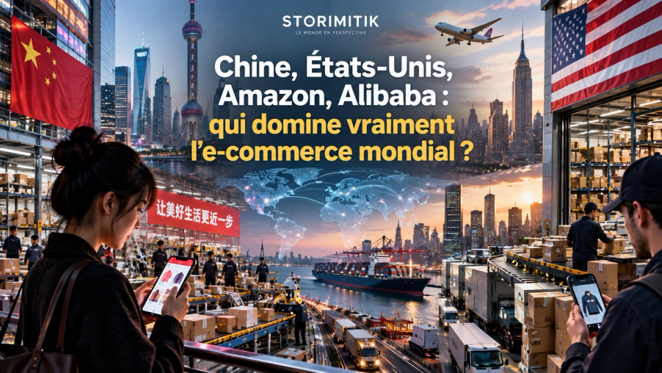 Illustration éditoriale opposant symboliquement les écosystèmes e-commerce chinois et américain.