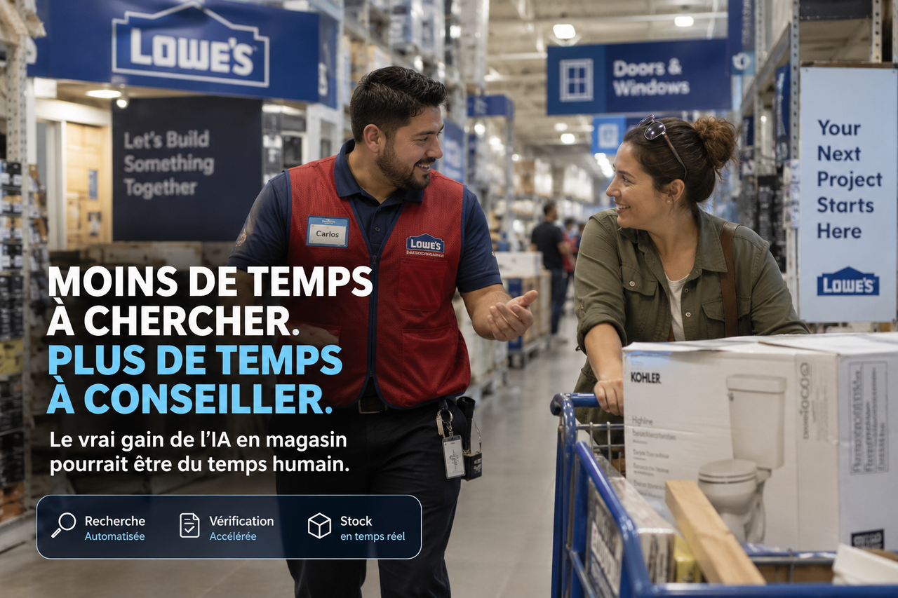 Illustration éditoriale STORIMITIK montrant un vendeur Lowe’s accompagnant un client, avec moins de temps consacré à la recherche opérationnelle.