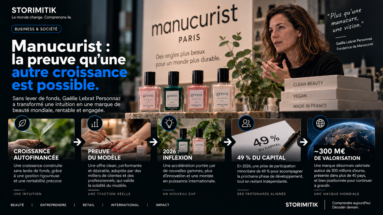 Infographie STORIMITIK montrant la croissance autofinancée de Manucurist, la preuve du modèle, l’entrée d’Inflexion, la prise de 49 % du capital rapportée par la presse et une valorisation autour de 300 M€.