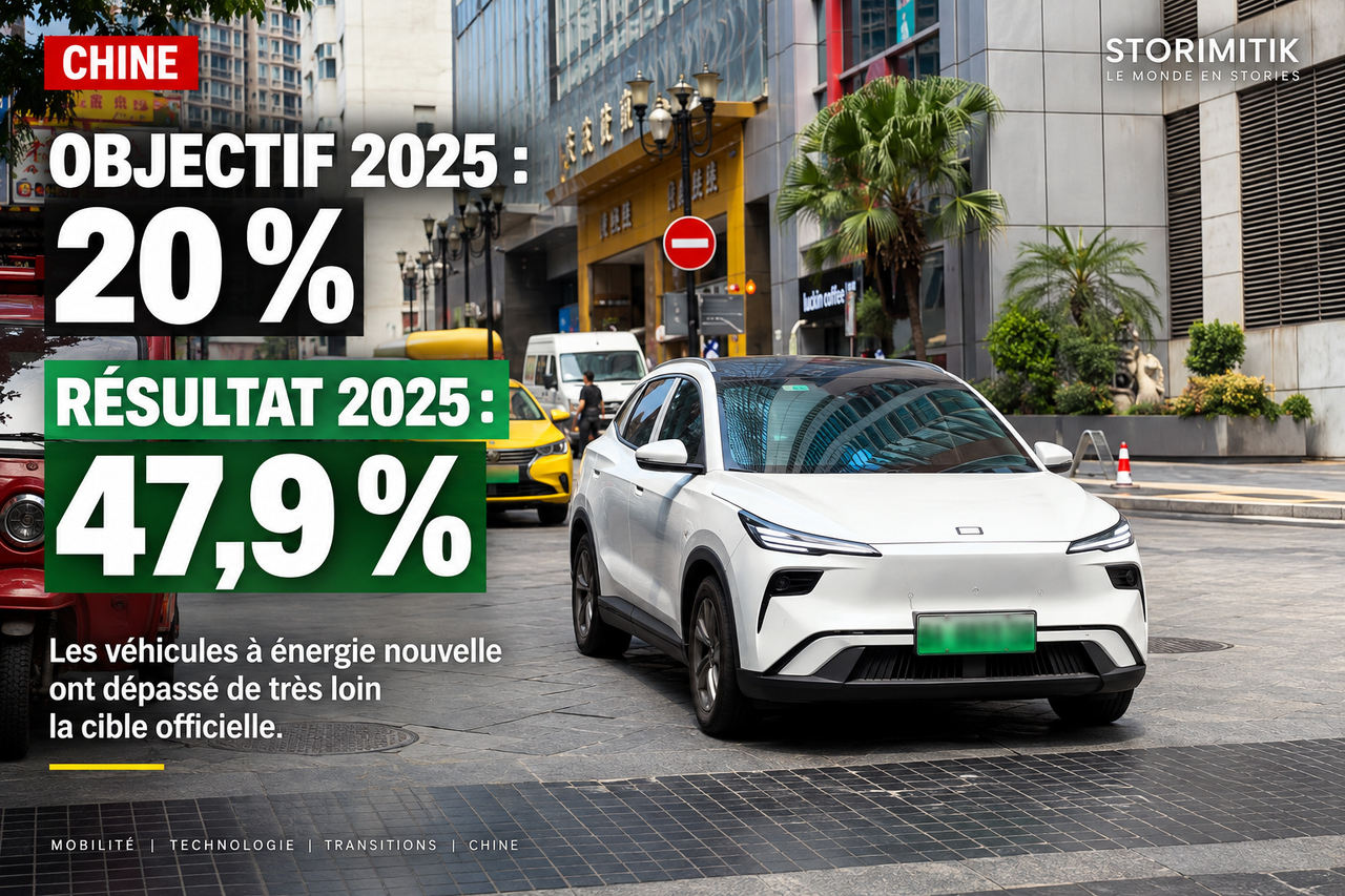Illustration STORIMITIK montrant un véhicule à plaque verte dans une rue chinoise avec l’objectif officiel de 20 % et le résultat 2025 de 47,9 %.