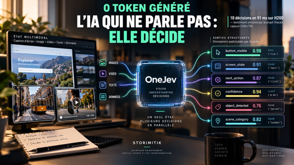Illustration éditoriale montrant OneJev transformant un état multimodal en plusieurs décisions structurées accompagnées de probabilités.