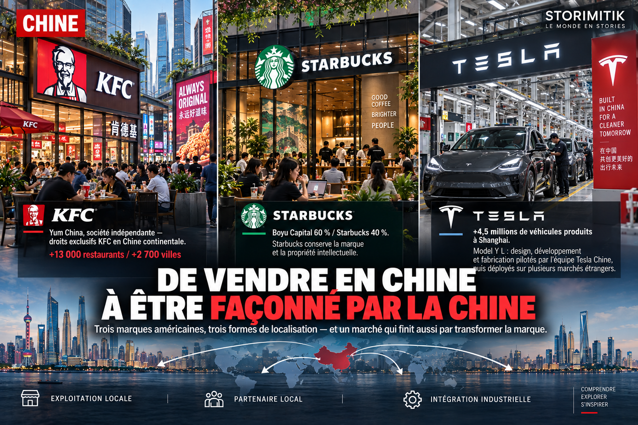 Illustration STORIMITIK montrant comment KFC, Starbucks et Tesla peuvent être transformés par leur implantation en Chine.