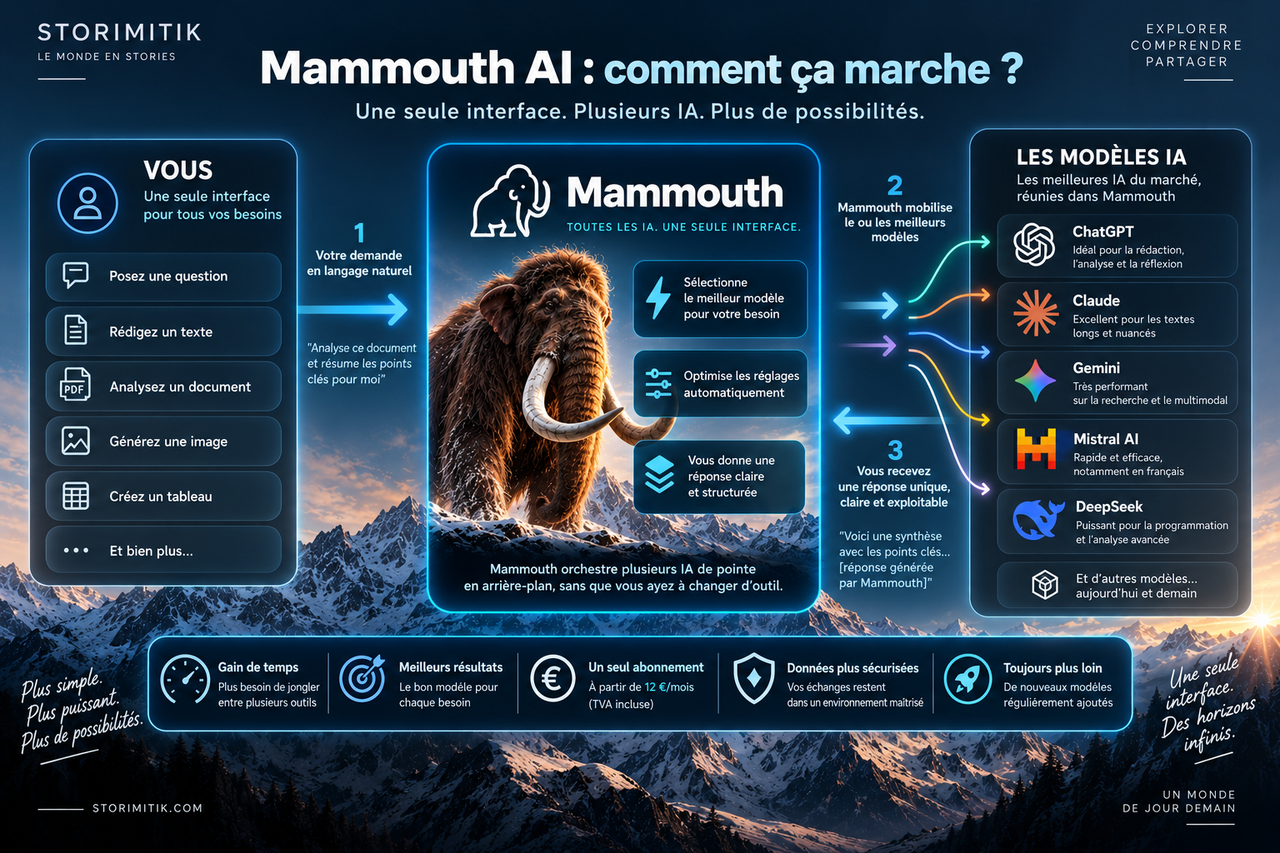 Schéma STORIMITIK montrant l’utilisateur passant par Mammouth AI pour accéder à plusieurs modèles d’intelligence artificielle.