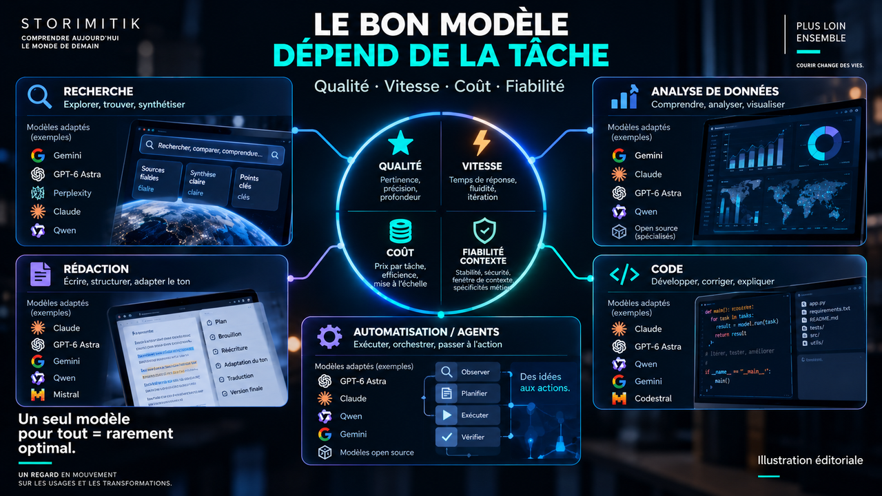 Illustration éditoriale STORIMITIK montrant que le choix d’un modèle IA dépend de la tâche et de critères comme la qualité, la vitesse, le coût et la fiabilité.