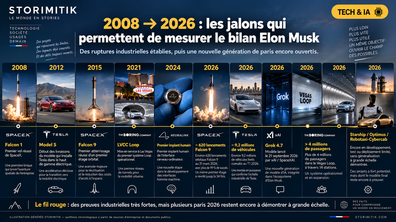 Frise chronologique STORIMITIK retraçant les principaux jalons associés à Elon Musk de 2008 à 2026, de Falcon 1 à Tesla, Neuralink, Grok, Vegas Loop, Starship, Optimus et Cybercab.