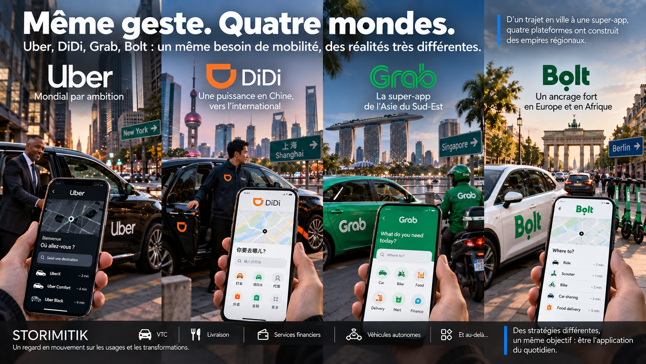 Infographie STORIMITIK montrant Uber, DiDi, Grab et Bolt comme des plateformes qui dépassent désormais le simple trajet en voiture.
