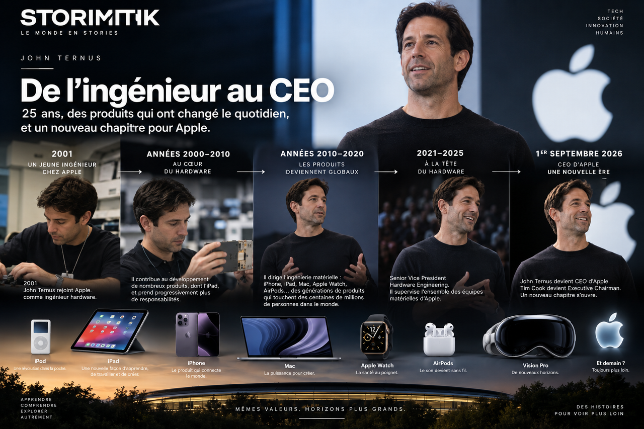 Infographie éditoriale STORIMITIK retraçant les vingt-cinq années de carrière de John Ternus chez Apple, de l’ingénierie hardware au poste de CEO.