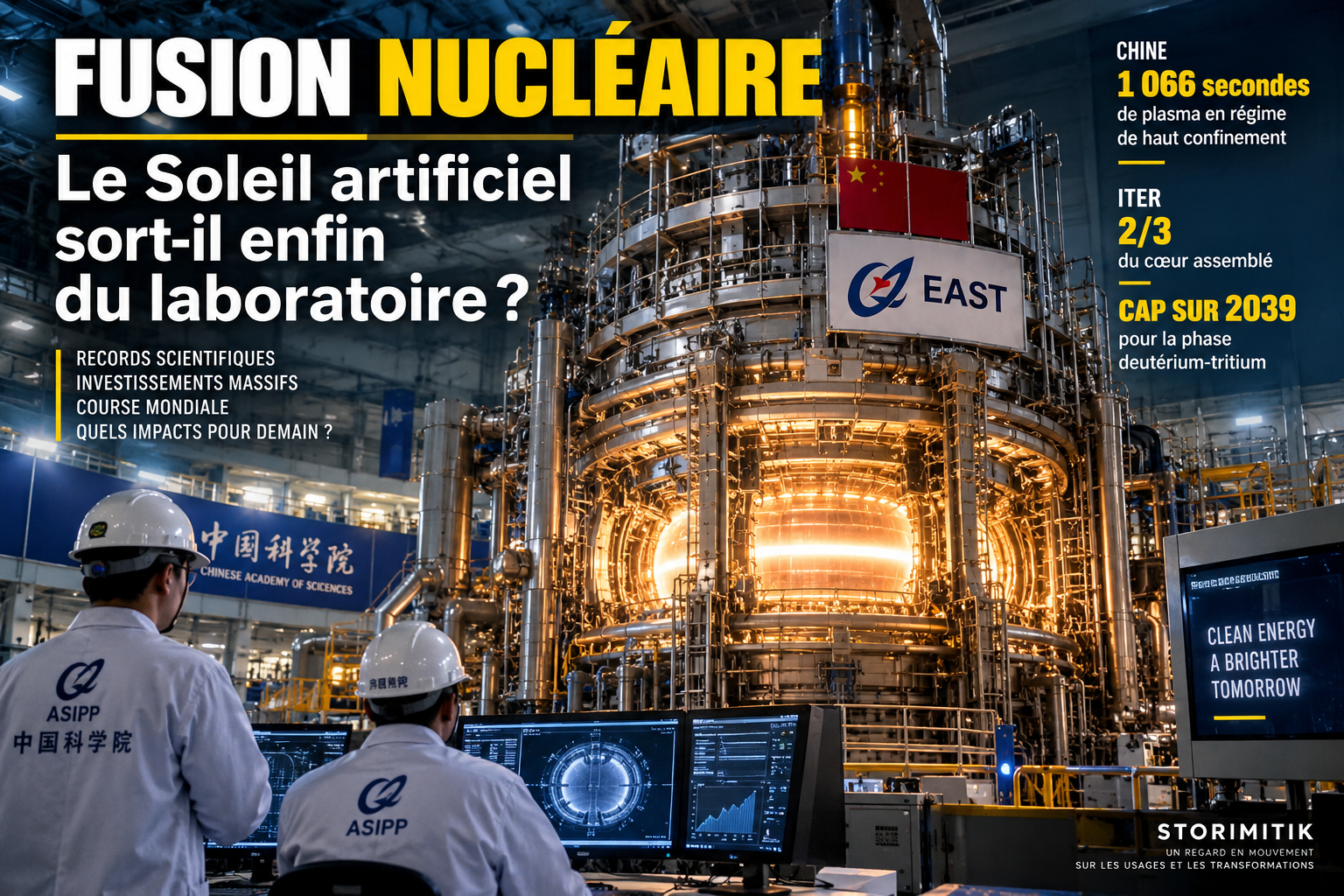 Illustration éditoriale STORIMITIK montrant un tokamak de fusion nucléaire dans une installation de recherche, accompagné de données sur EAST, ITER, CFS et Helion.