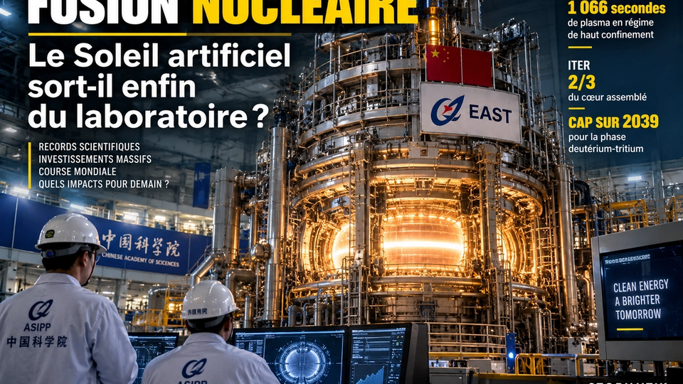 Illustration éditoriale STORIMITIK montrant un tokamak de fusion nucléaire dans une installation de recherche, accompagné de données sur EAST, ITER, CFS et Helion.