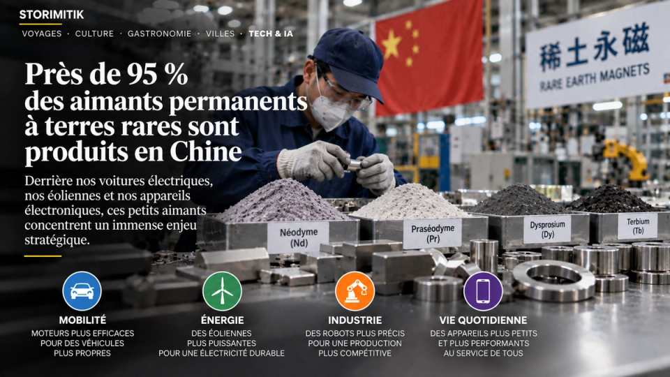 Illustration STORIMITIK d’une usine chinoise d’aimants permanents à terres rares, avec poudres de néodyme, praséodyme, dysprosium et terbium.