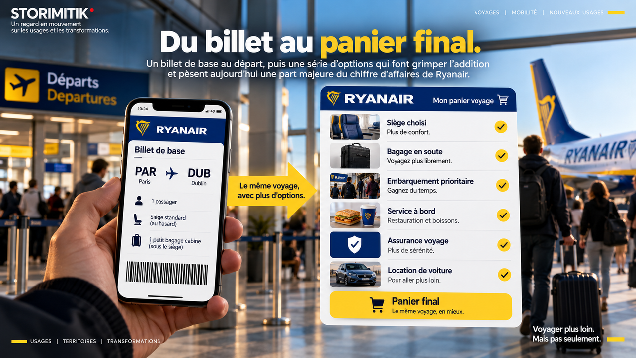 Infographie éditoriale montrant le passage d’un billet Ryanair minimal à un panier de voyage enrichi par plusieurs options.