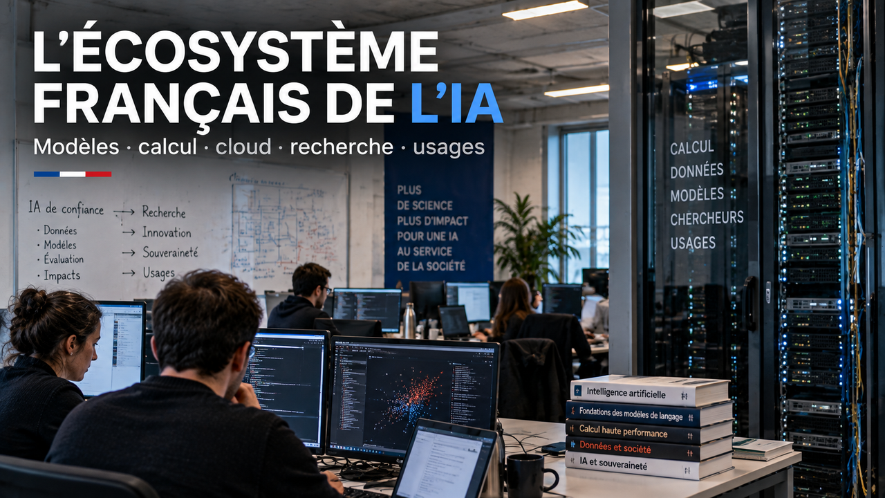 Illustration STORIMITIK d’un centre de recherche et de calcul consacré à l’écosystème français de l’intelligence artificielle.