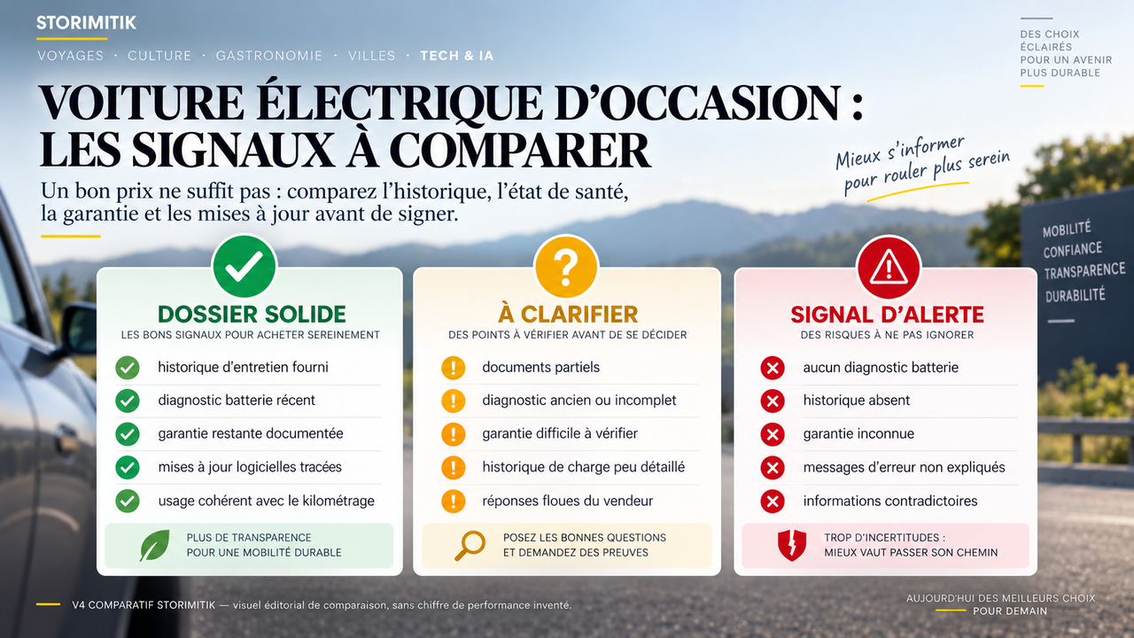 Comparatif STORIMITIK des signaux rassurants, des points à clarifier et des signaux d’alerte lors de l’achat d’une voiture électrique d’occasion.